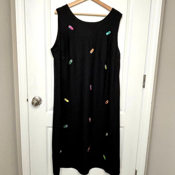 Megan Lee Wms 22W Vintage Black Linen Blend Embroidered Flip Flops Midi Dress - Picture 10 of 10